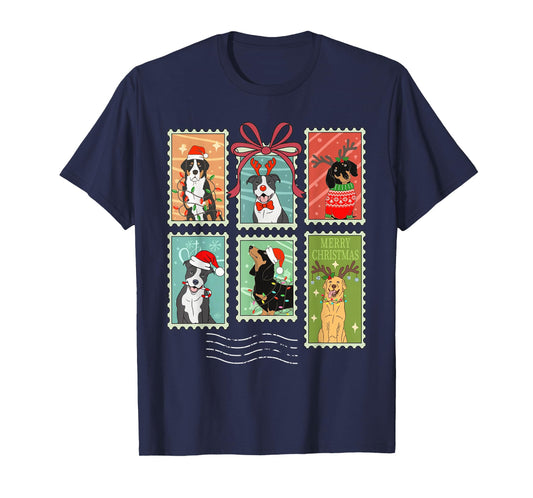 Cute Christmas Dogs Stamp Holiday Santa Hat & Reindeer Dog T-Shirt