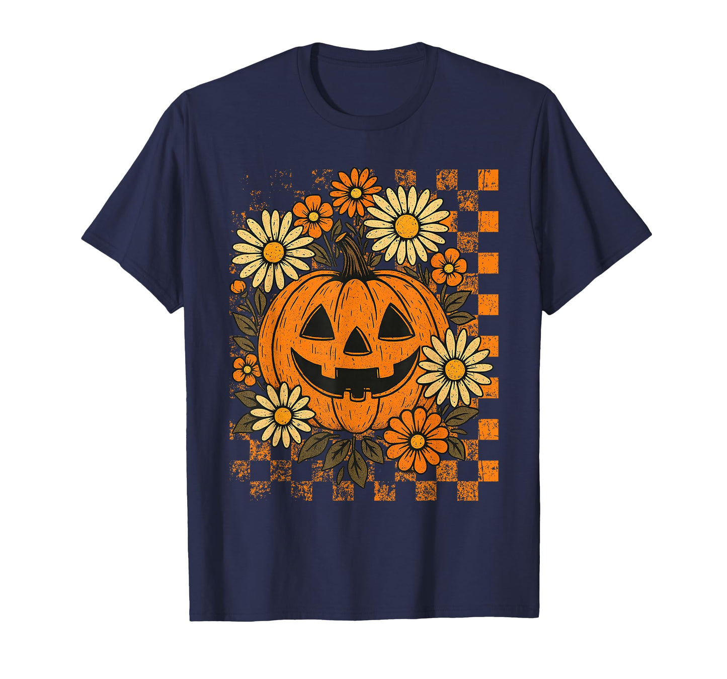 Vintage Floral Checkered Boho Pumpkin Cute Halloween Fall T-Shirt