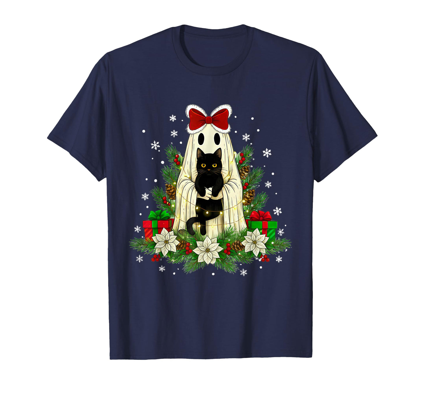 Vintage Christmas Ghost Holding Black Cat Groovy Floral T-Shirt