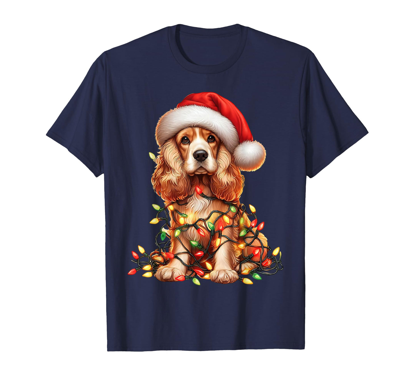 Cocker Spaniel Dog Christmas Lights Santa Hat Dog Lover T-Shirt