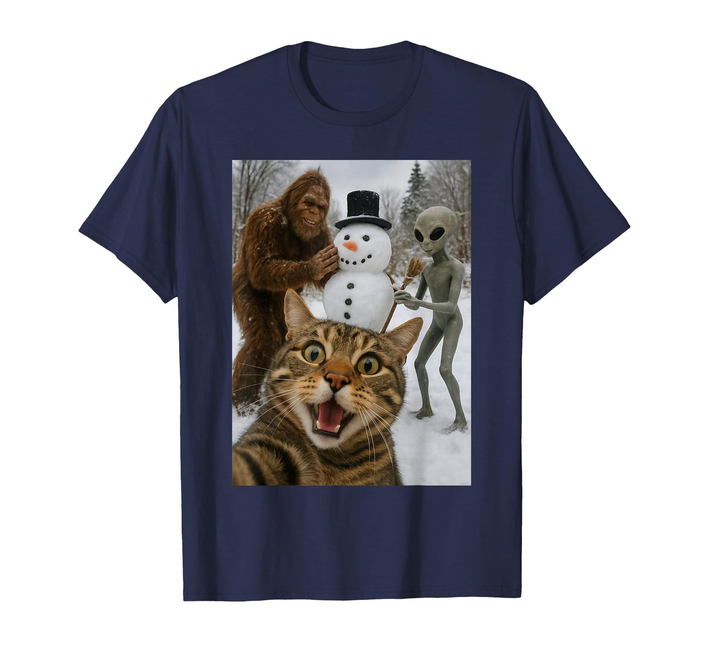 Funny Christmas Cat Selfie with Bigfoot Alien & Snowman T-Shirt