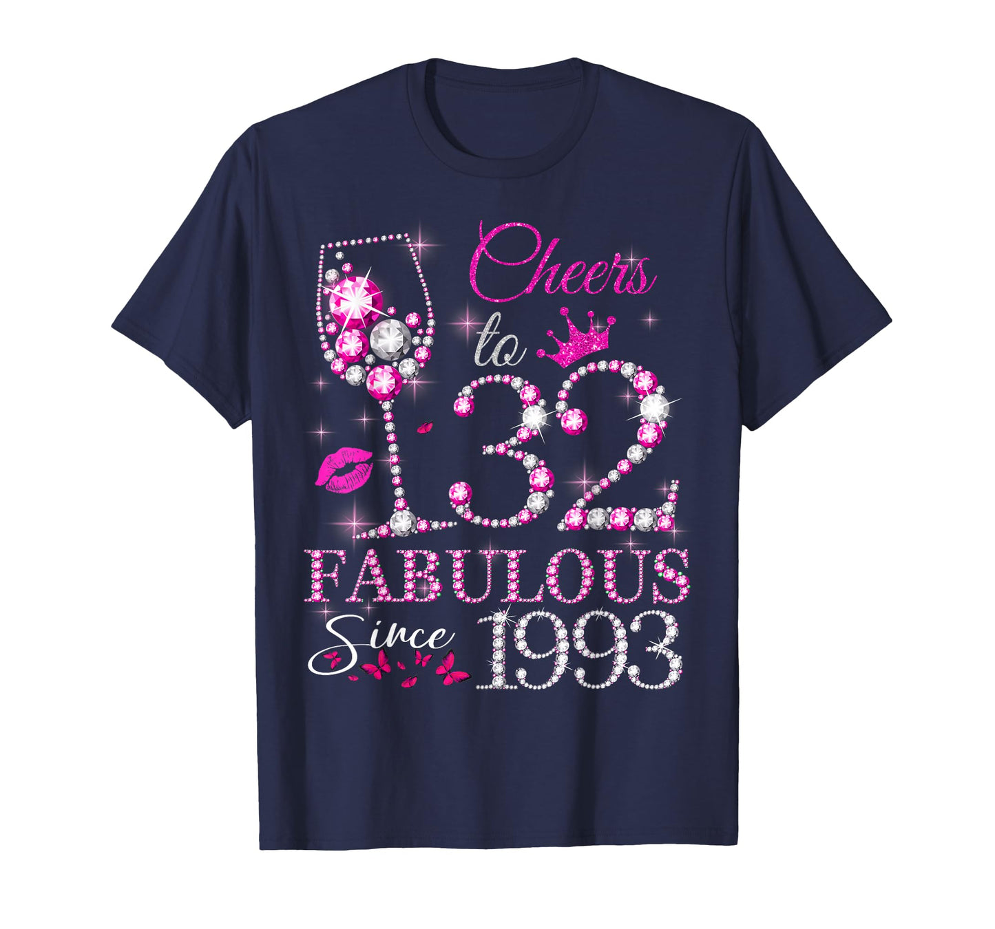 Womens Cheers to 32 Years Old EST 1993 32nd Birthday Queen T-Shirt