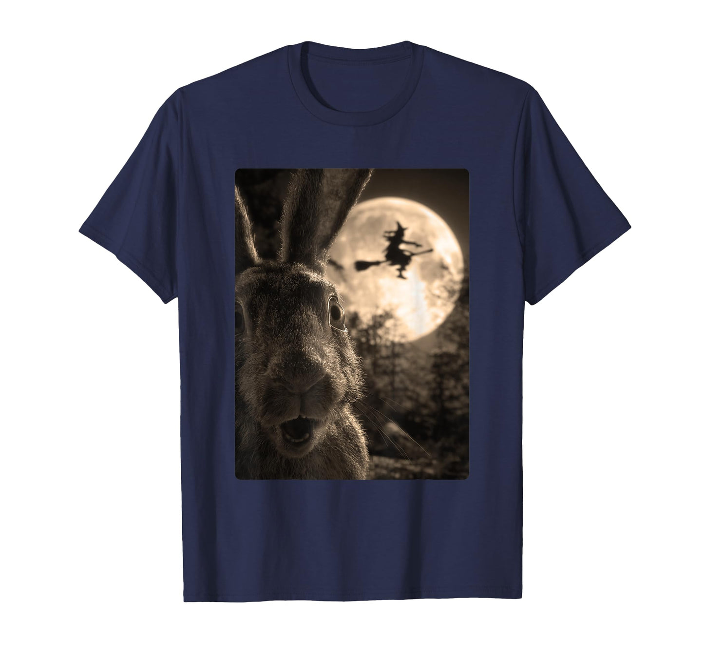Funny Rabbit Selfie Full Moon Flying Witch Forest Halloween T-Shirt