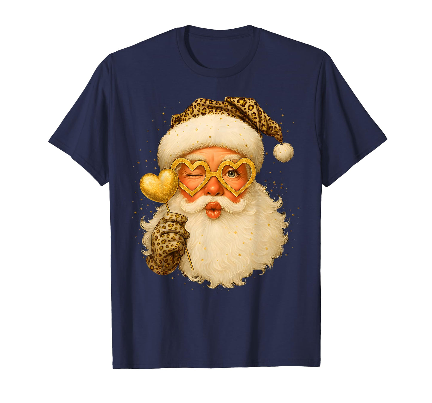 Santa Leopard Heart Glasses Merry Christmas Girl Women Kid T-Shirt