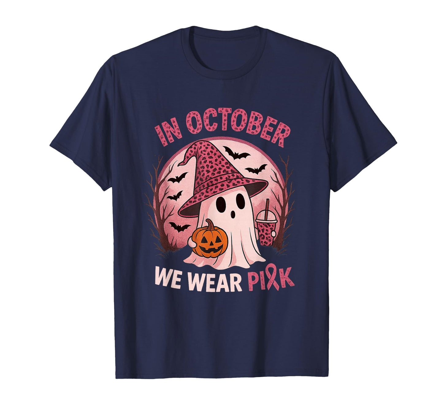 Breast Cancer Leopard Skin in October We Wear Pink Ghost T-Shirt