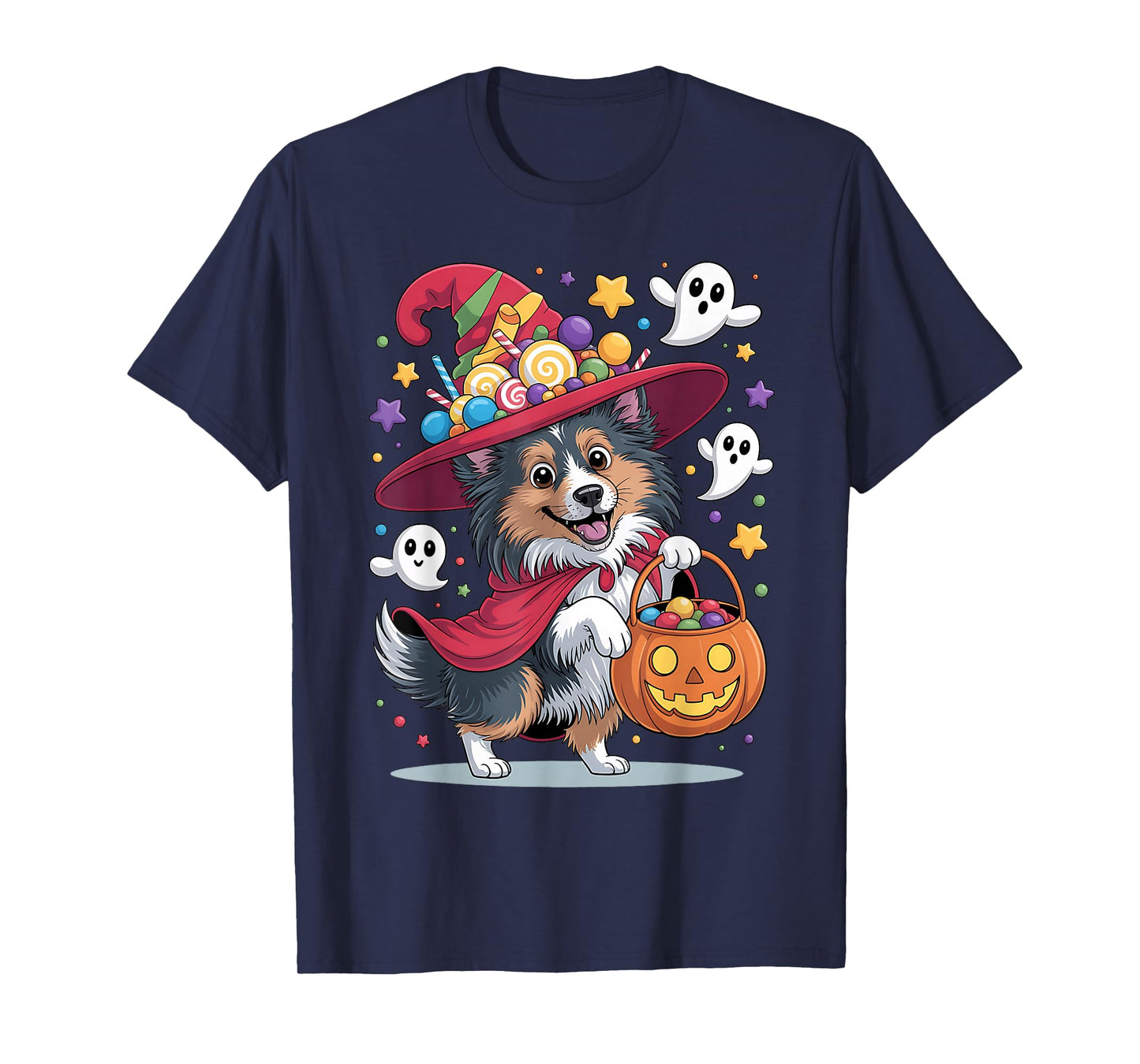 Shetland Sheepdog Dog Pumpkin Ghost Candy Witch Halloween T-Shirt