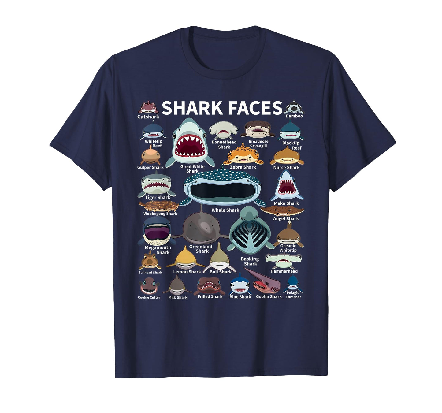 Shark Faces - Type of Shark - Shark Faces of All Kinds T-Shirt