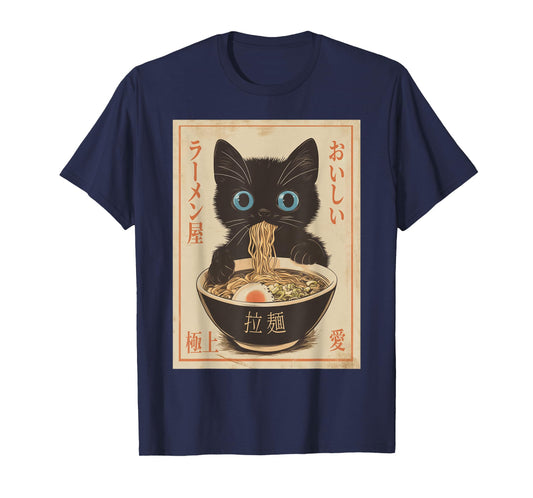 Cat Ramen Funny Japanese Graphic Tee Kawaii Anime Vintage T-Shirt