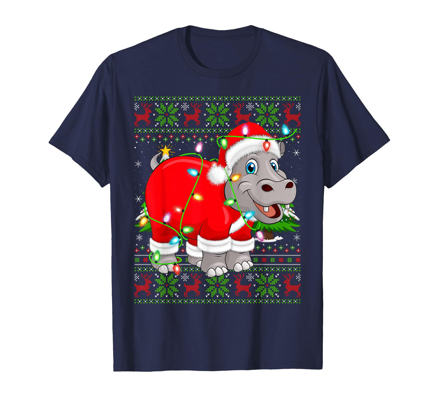 Hippo Christmas Lights Santa Hippopotamus Ugly Xmas Sweaters T-Shirt