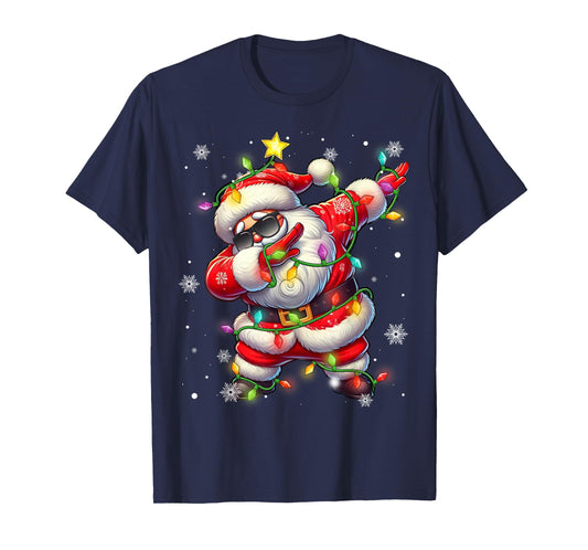 Dabbing Santa Xmas Lights Boys Men Kids Funny Christmas T-Shirt