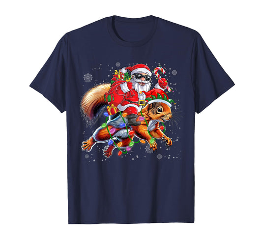 Cute Squirrel Christmas Tree Lights Funny Santa Riding Xmas T-Shirt