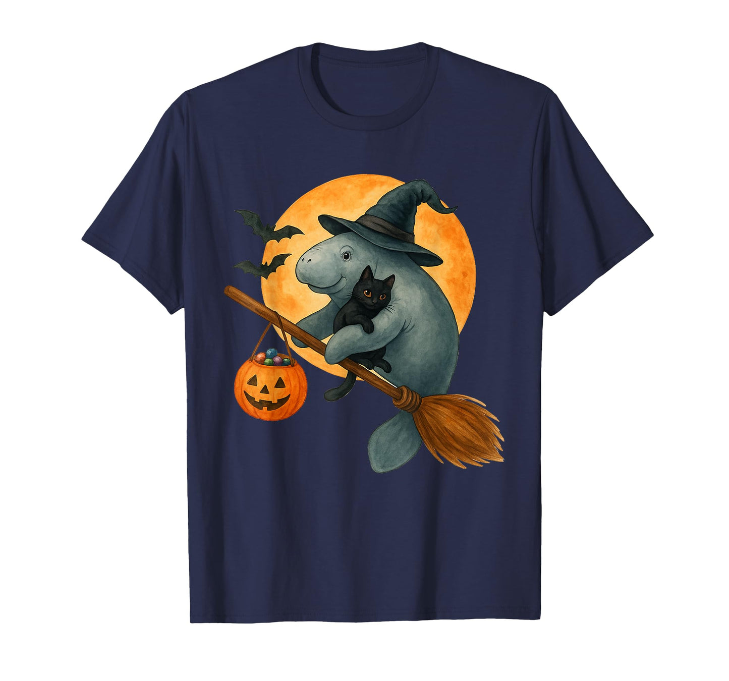 Retro Manatee Witch Hat Black Cat Pumpkin Halloween Costume T-Shirt