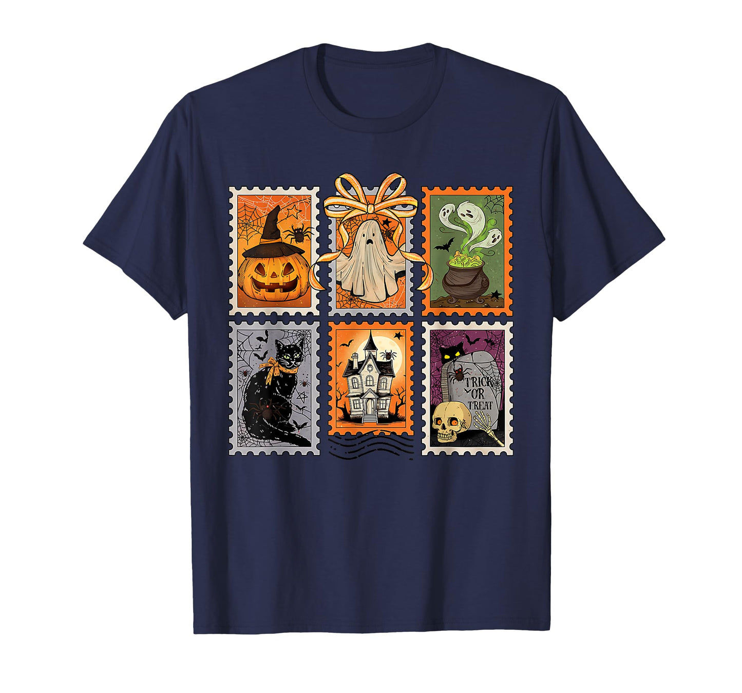 Retro Halloween Stamp Icons Funny Halloween Cat Ghost Stamp T-Shirt