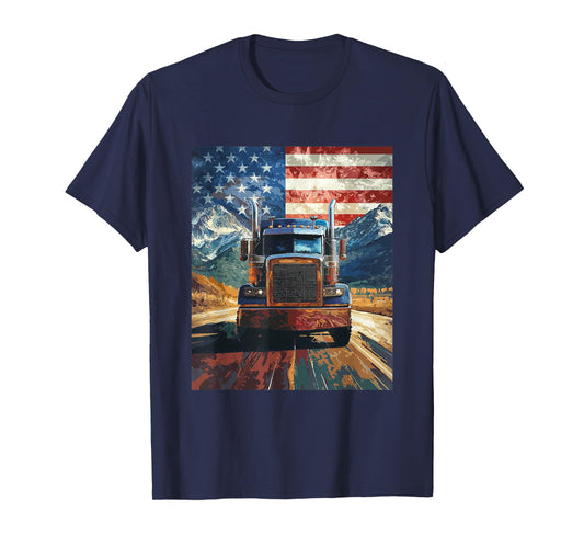 Trucker Truck USA America Flag Graphic T-Shirt