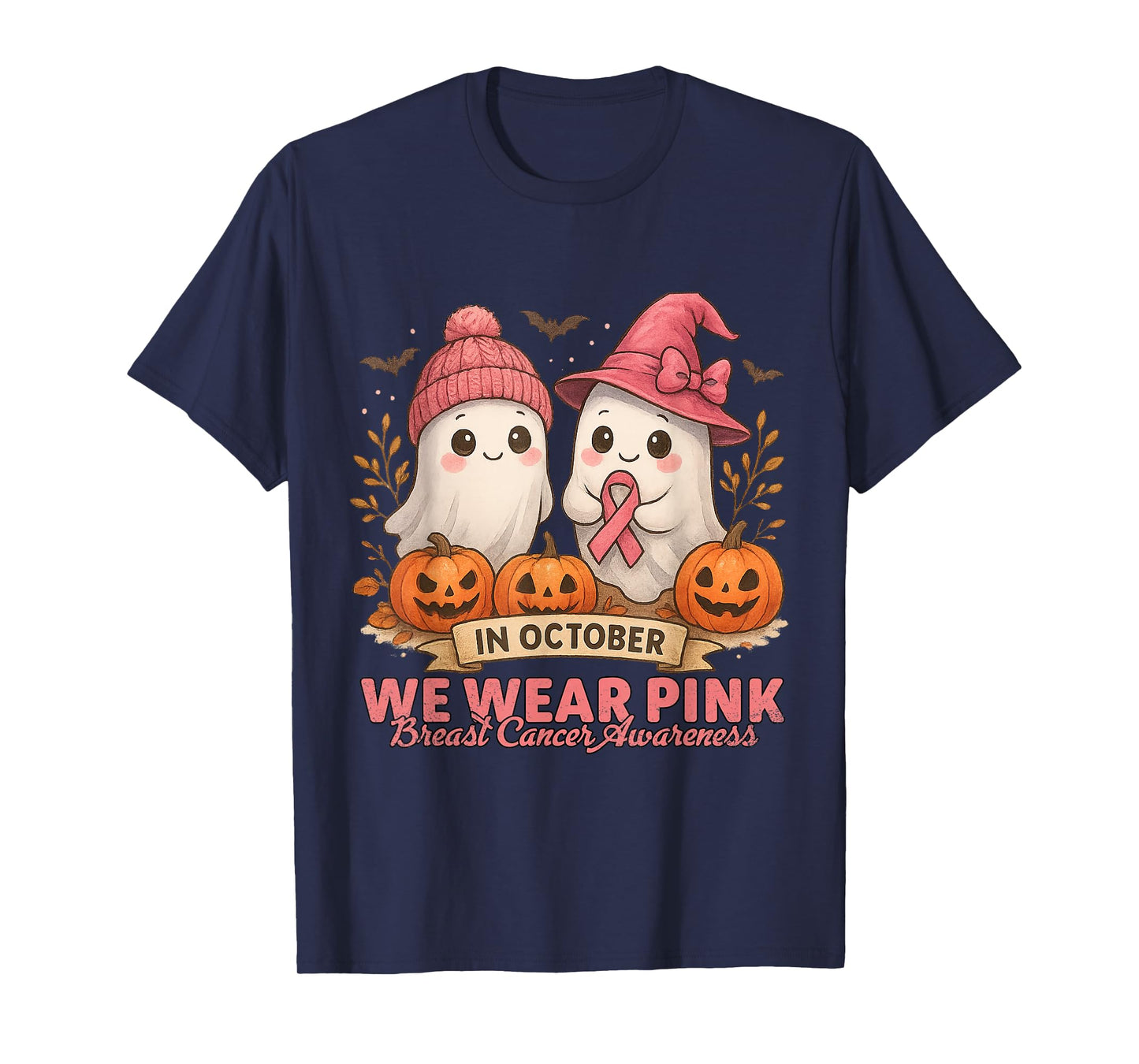 in October We Wear Pink Ghost Witch Breast Cancer Awareness T-Shirt