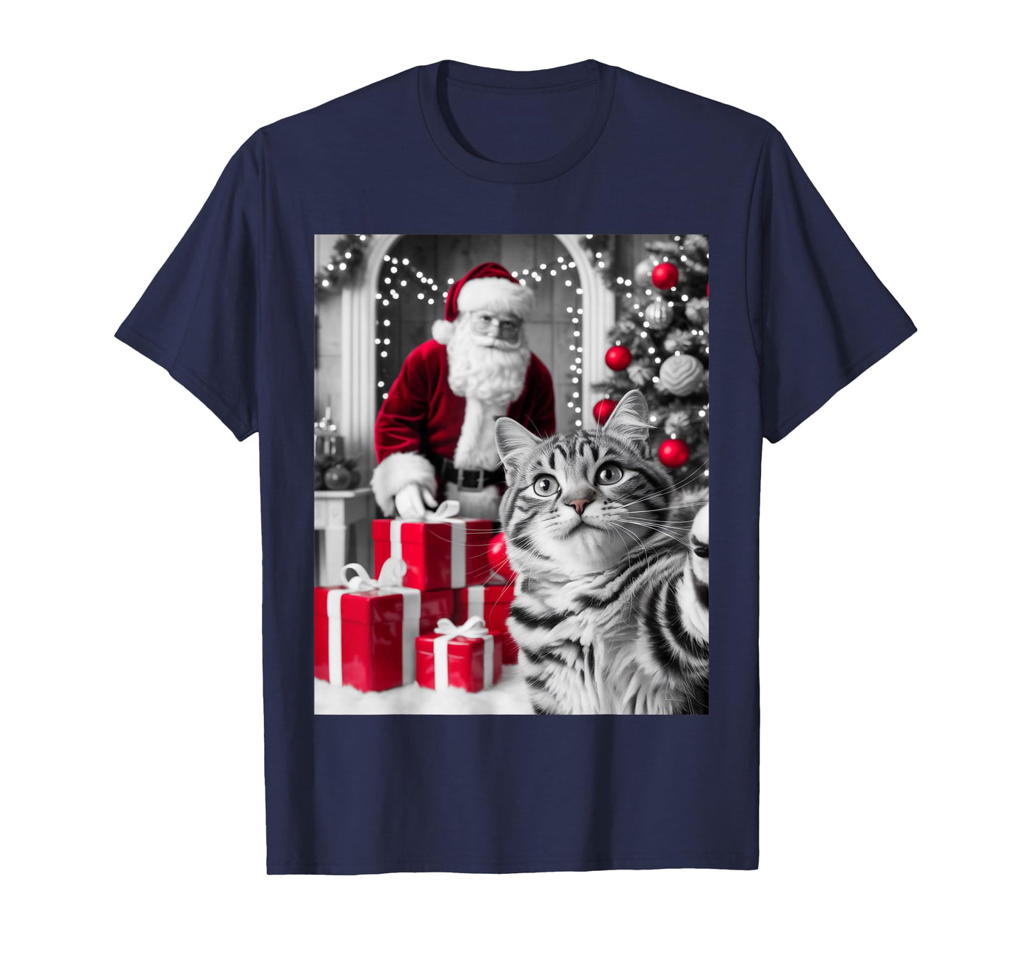 Funny Cat Selfie with Santa Claus Christmas Meme T-Shirt