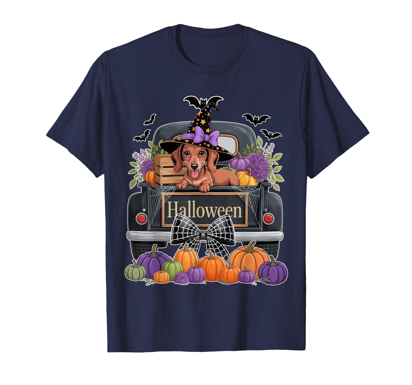 Funny Dachshund Witch Hat Truck Pumpkin Dog Lovers Halloween T-Shirt