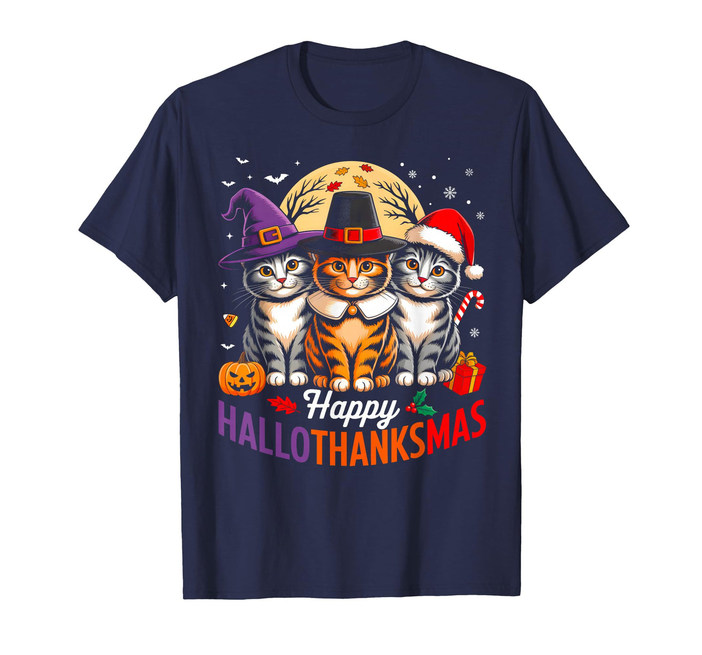 Halloween Thanksgiving Christmas Happy HalloThanksMas Cat T-Shirt