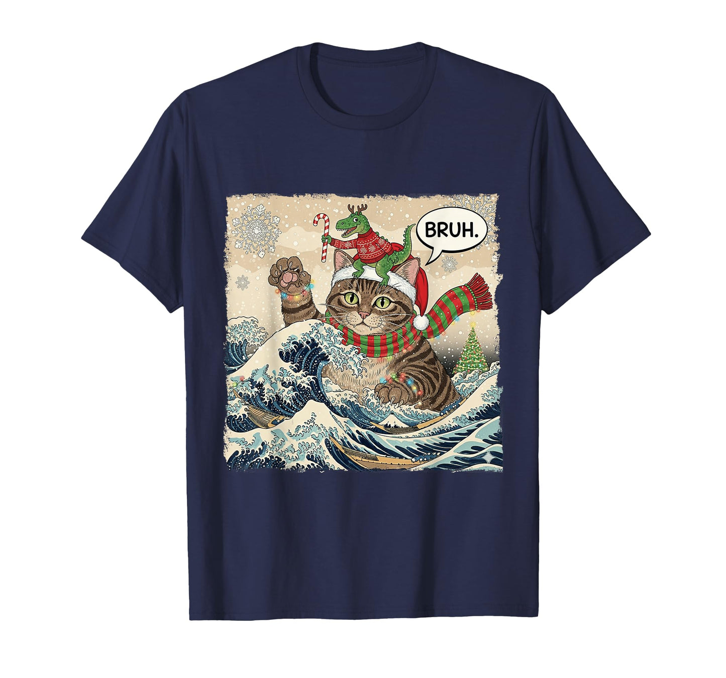 Bruh Funny Catzilla Cat Dinosaur Christmas Wave Japanese Art T-Shirt