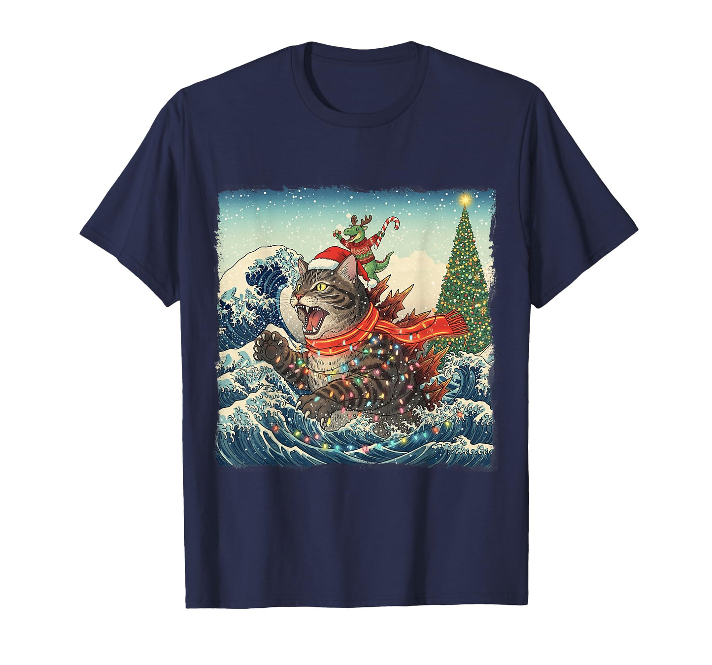 Cat Spooky Catzilla Japanese with Dino T-Rex Christmas Wave T-Shirt