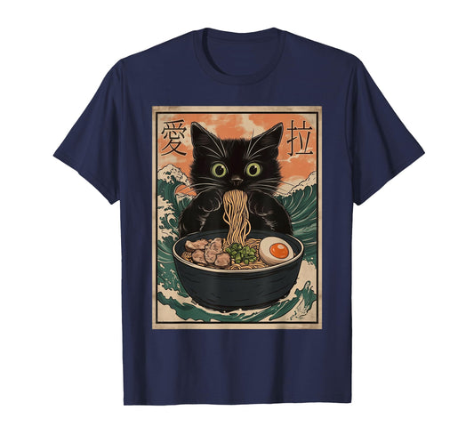 Cat Ramen Japanese Art Great Wave Kanagawa Funny Graphic T-Shirt