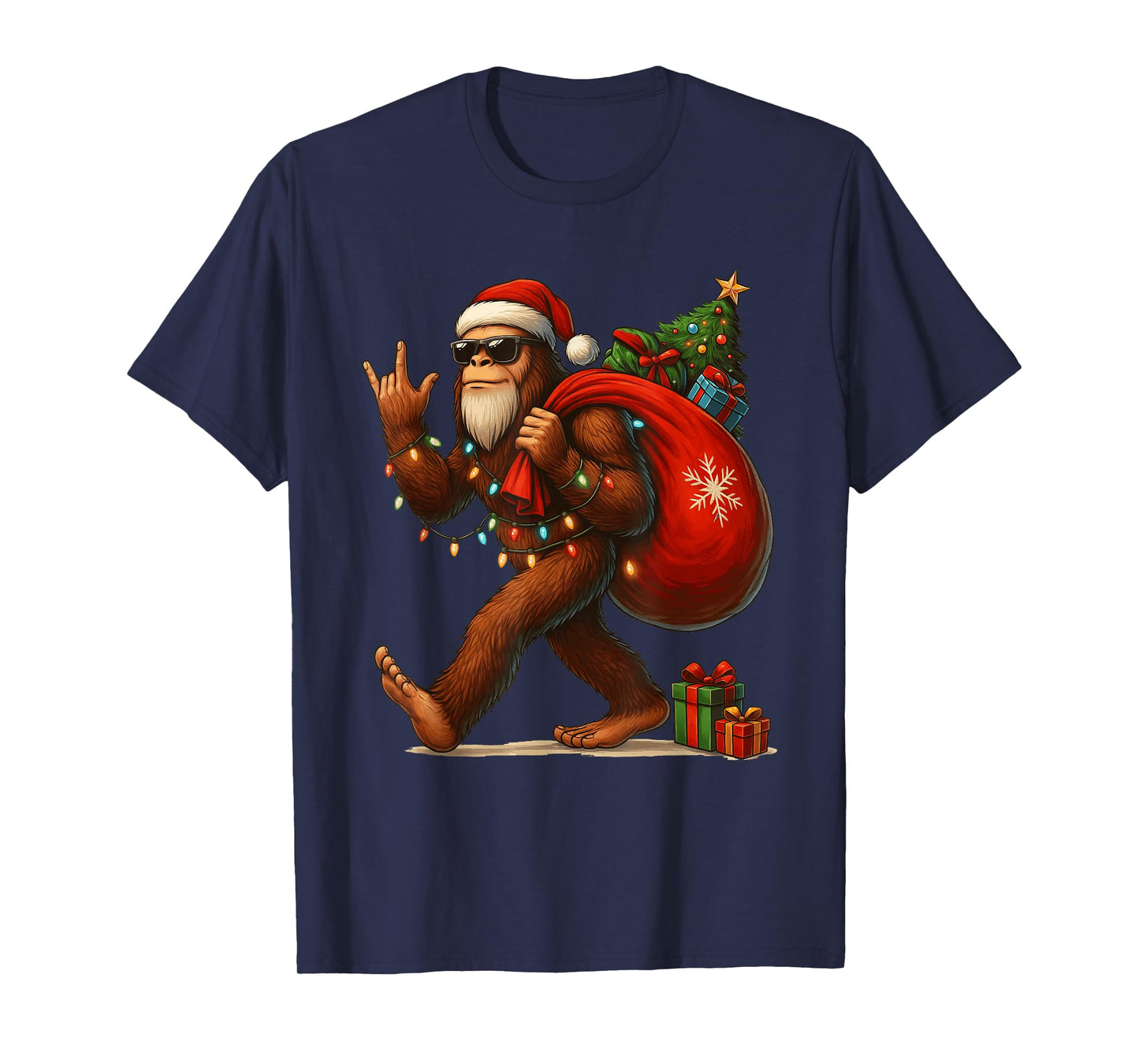 Santa Bigfoot Christmas Tree Lights Funny Sasquatch Believe T-Shirt
