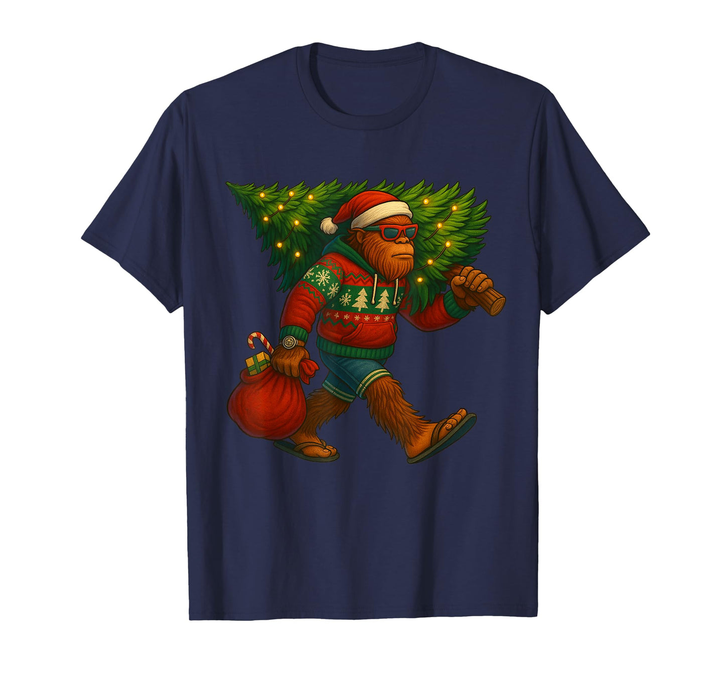 Bigfoot Christmas Tree Lights Xmas Sasquatch Boys Men Kids T-Shirt