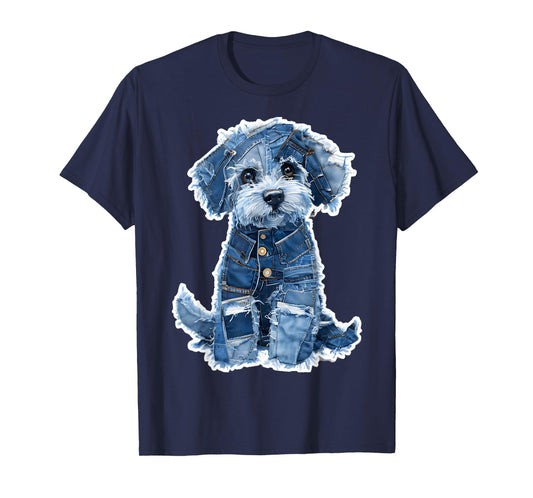 Retro Dog Pattern Denim Patchwork Graphic Art T-Shirt