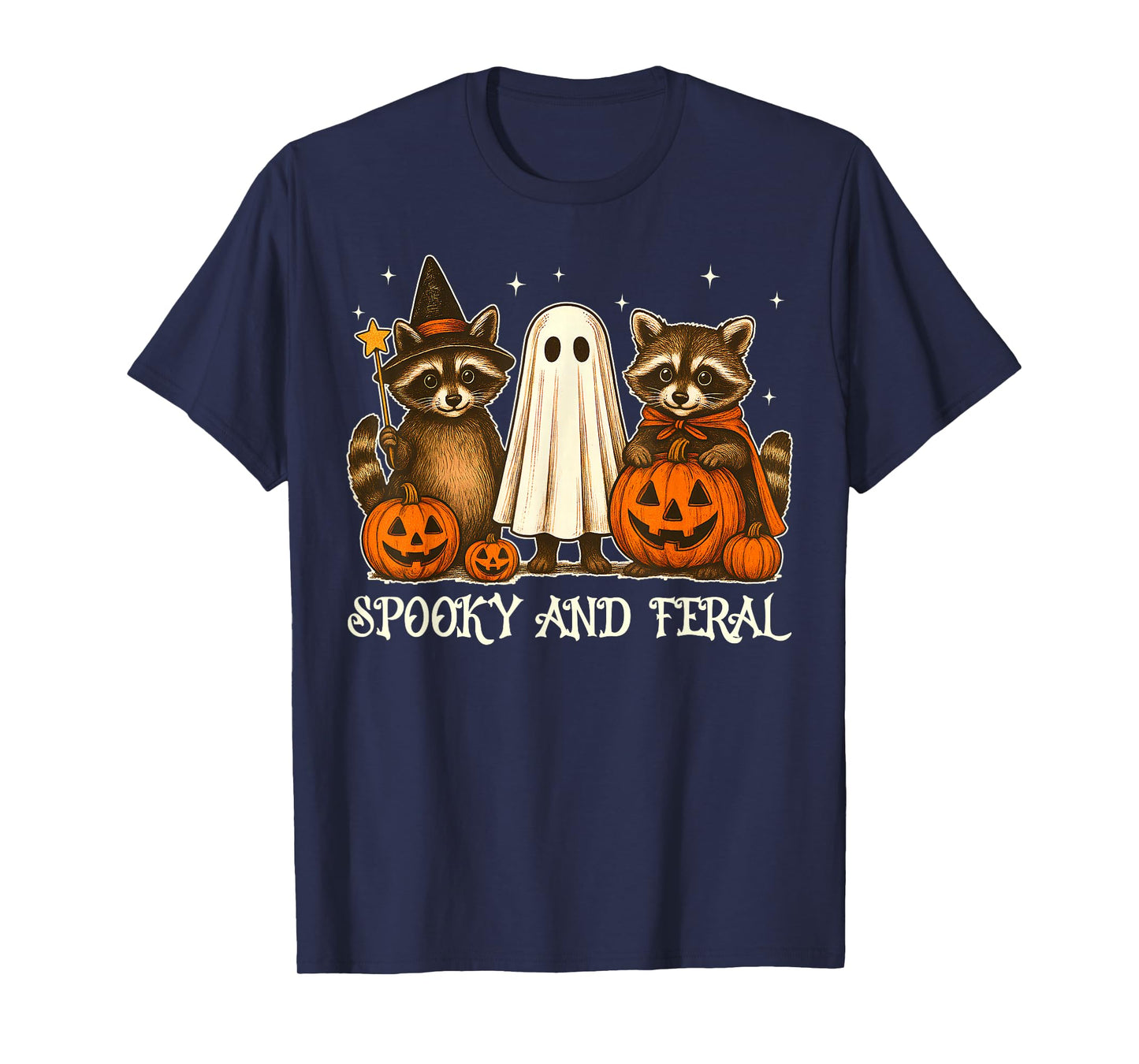 Spooky and Feral Raccoon Ghost Witch Costume Halloween Day T-Shirt