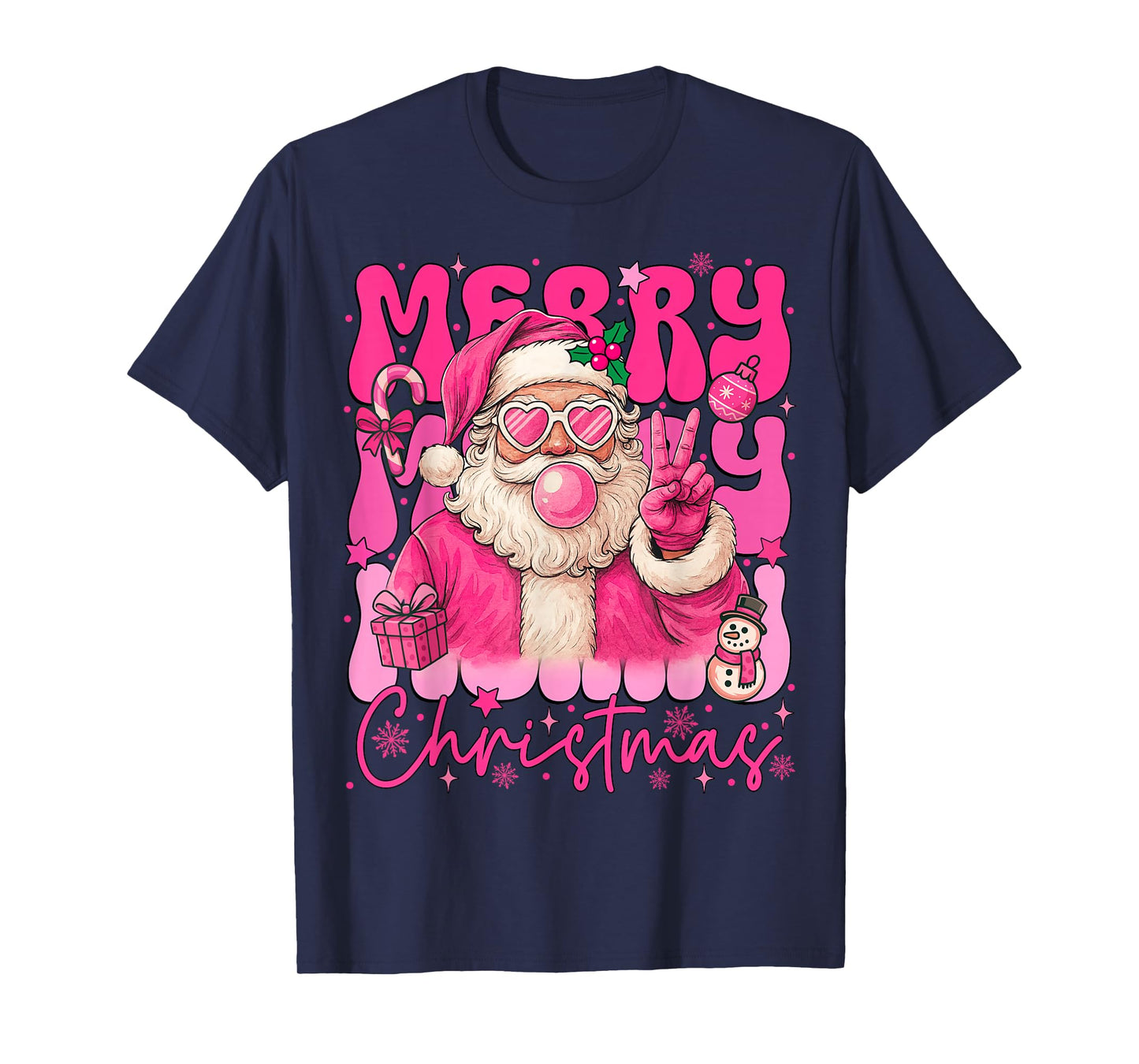 Merry Christmas Pink Santa Claus Blowing Bubble Gum Xmas T-Shirt