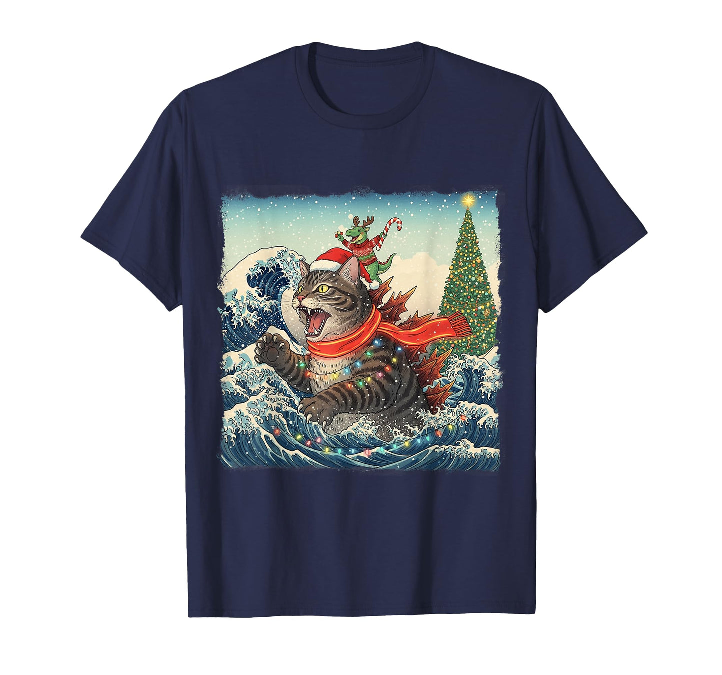 Catzilla Christmas with Cute Dino Cat Funny Holiday Wave T-Shirt