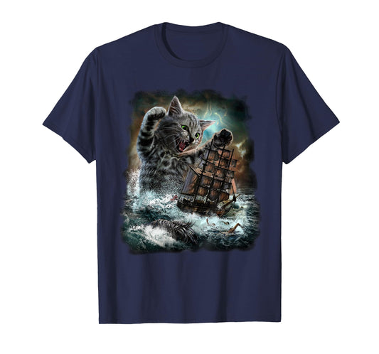 Monster Tabby Cat Ambush Battle Ship T-Shirt