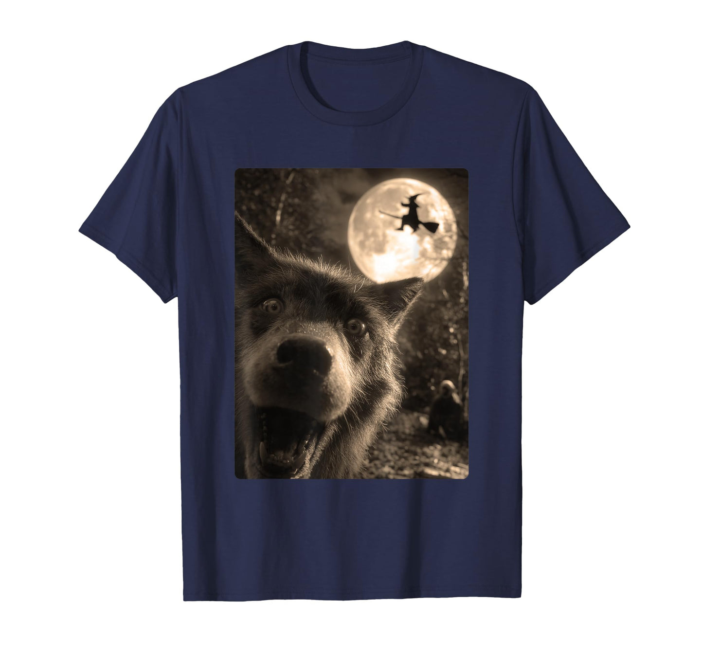 Funny Wolf Selfie Full Moon Flying Witch Forest Halloween T-Shirt