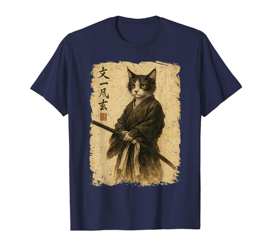 Samurai Cat Vintage Ukiyo-E Warrior Art Graphic Cat Art T-Shirt for Men Women Kids