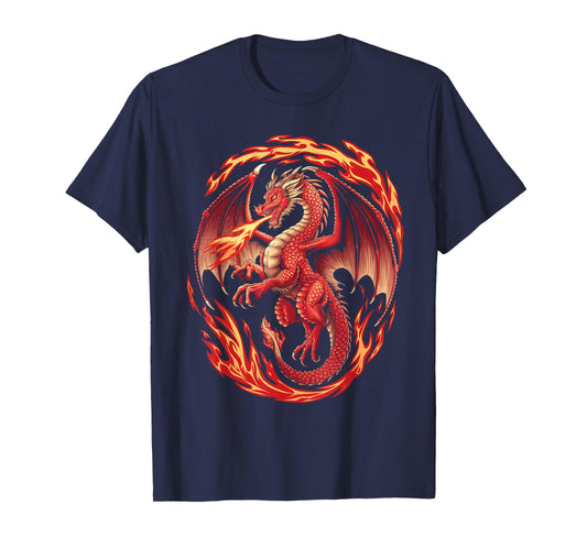 Mythical Red Dragon Breathes Fire On Clouds, Boy Girl Dragon T-Shirt