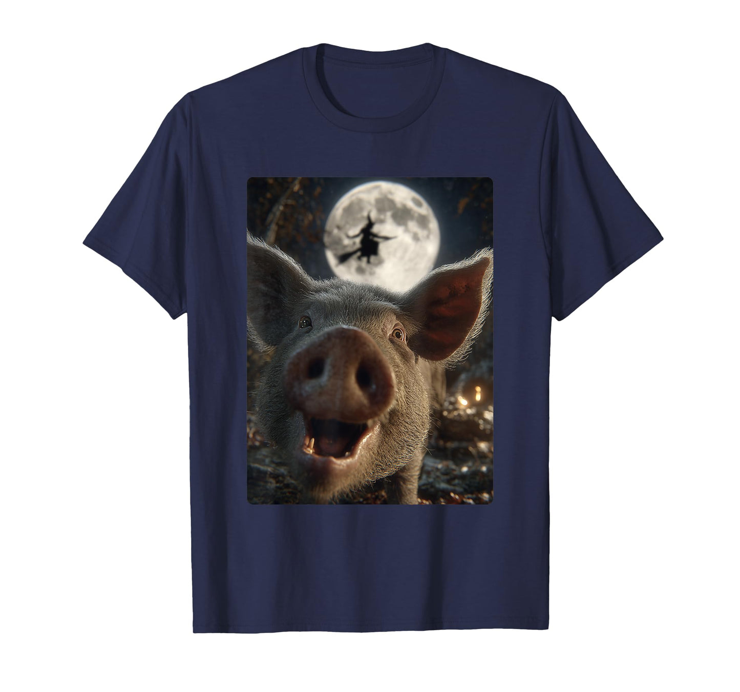 Funny Pig Selfie Full Moon Flying Witch Forest Halloween T-Shirt