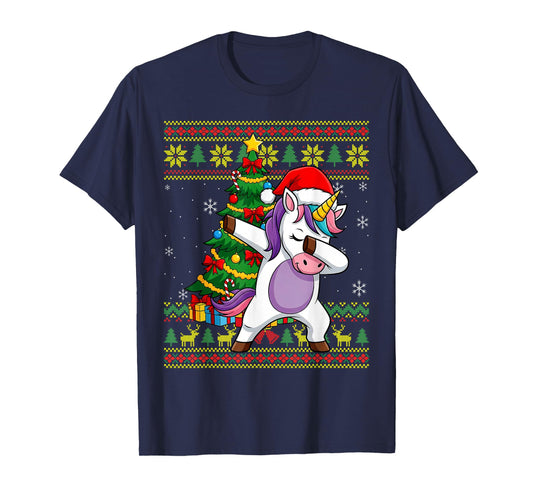 Dabbing Santa Unicorn Ugly Christmas Sweater Pattern Women T-Shirt