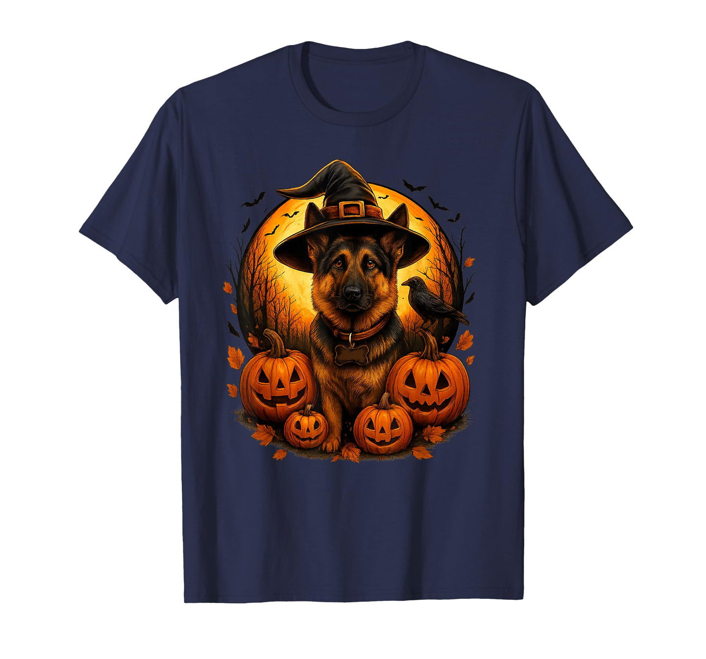 German Shepherd Witch Hat Halloween Pumpkin Dog T-Shirt