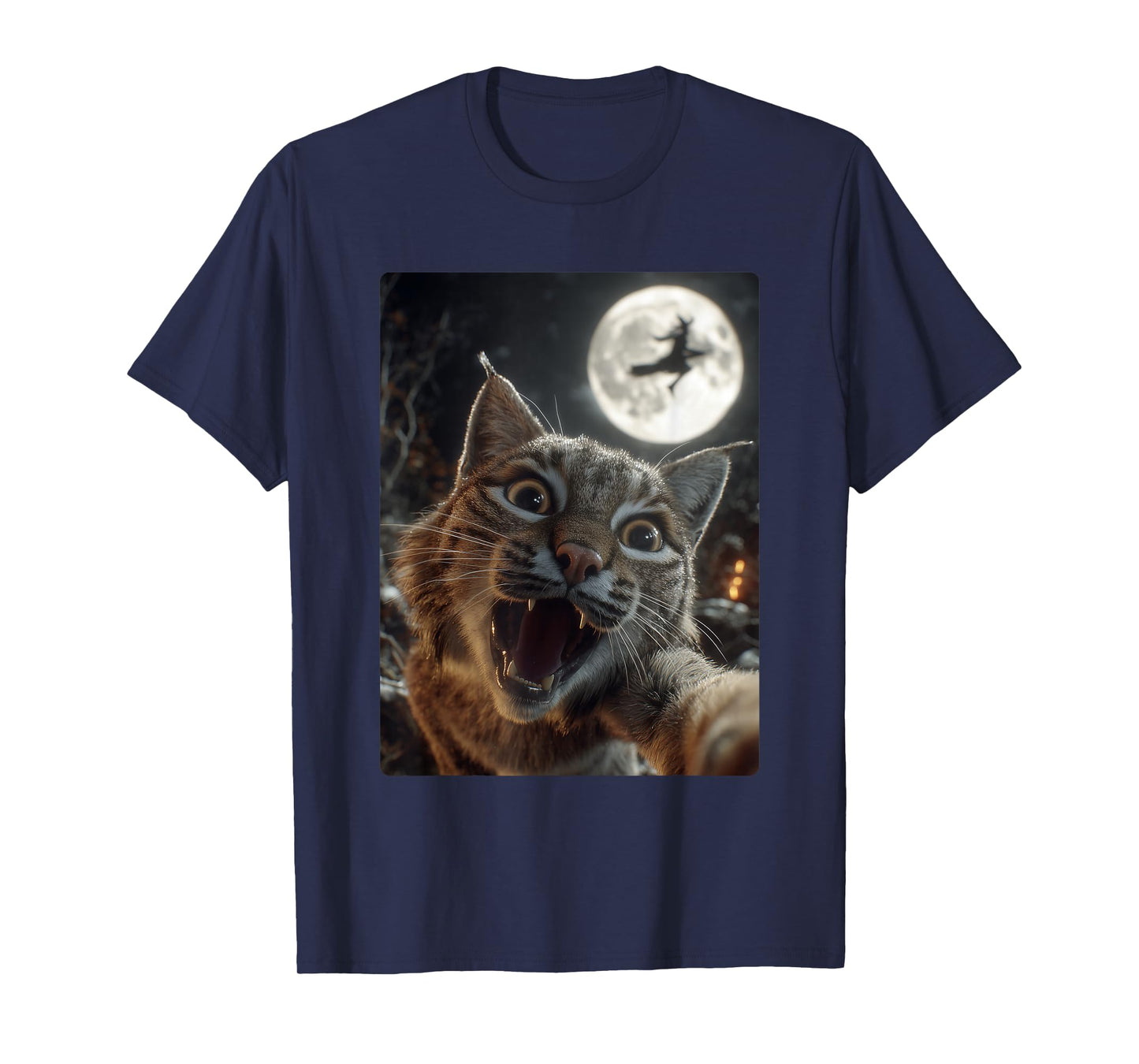 Funny Bobcat Selfie Full Moon Flying Witch Forest Halloween T-Shirt