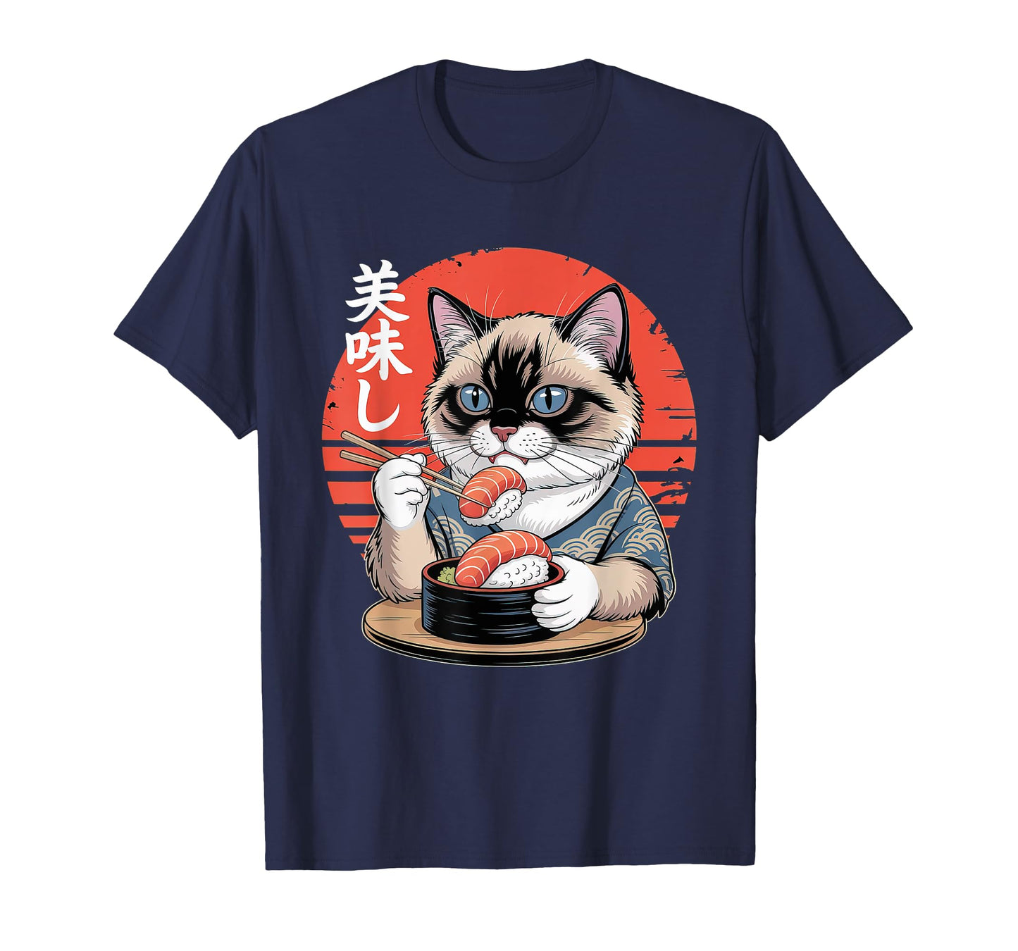 Japanese Siamese Cat Eating Sushi Kawaii Anime Cat T-Shirt