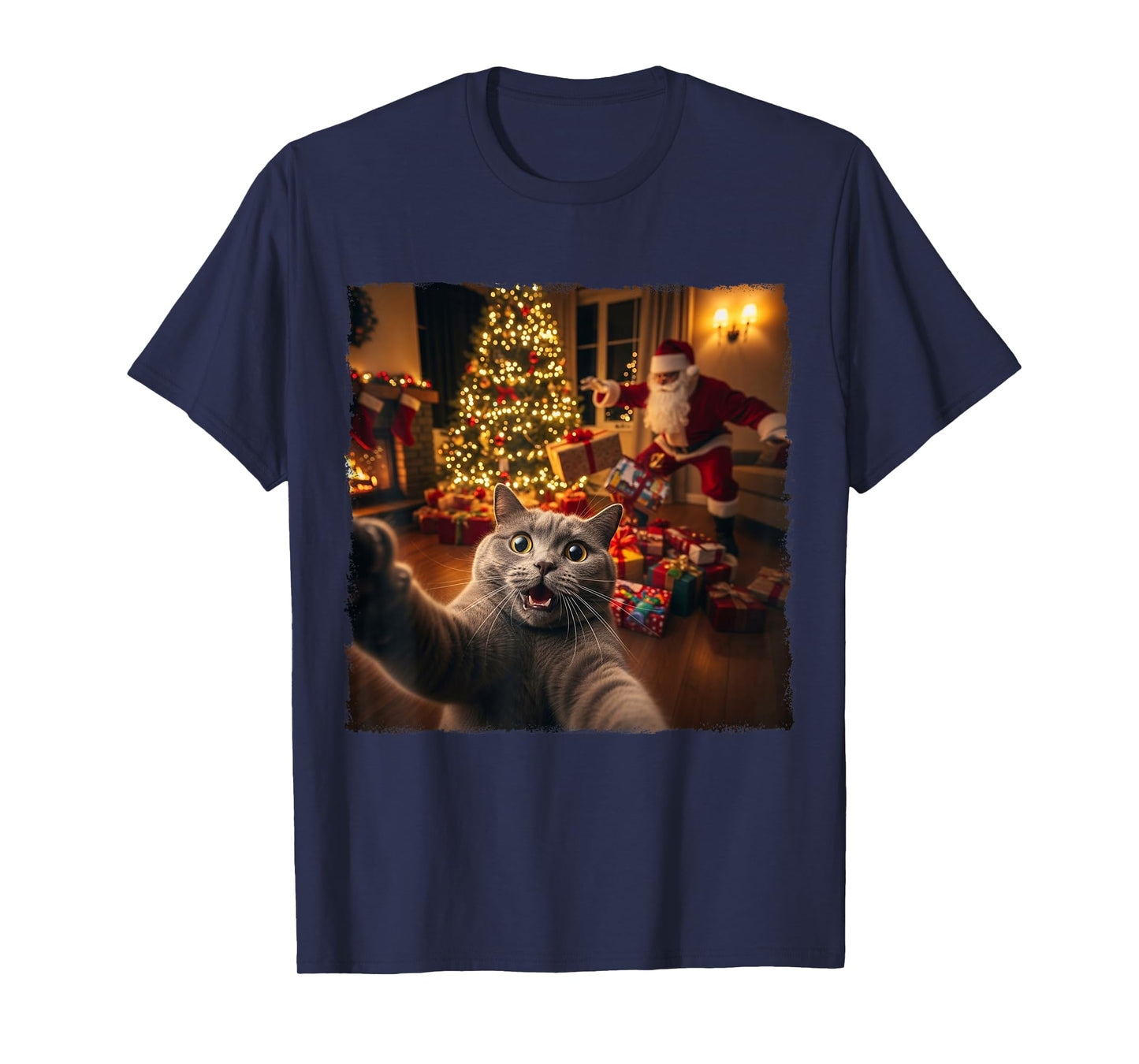 Christmas Funny Cat Selfie with Santa Claus Holiday Fun Xmas T-Shirt