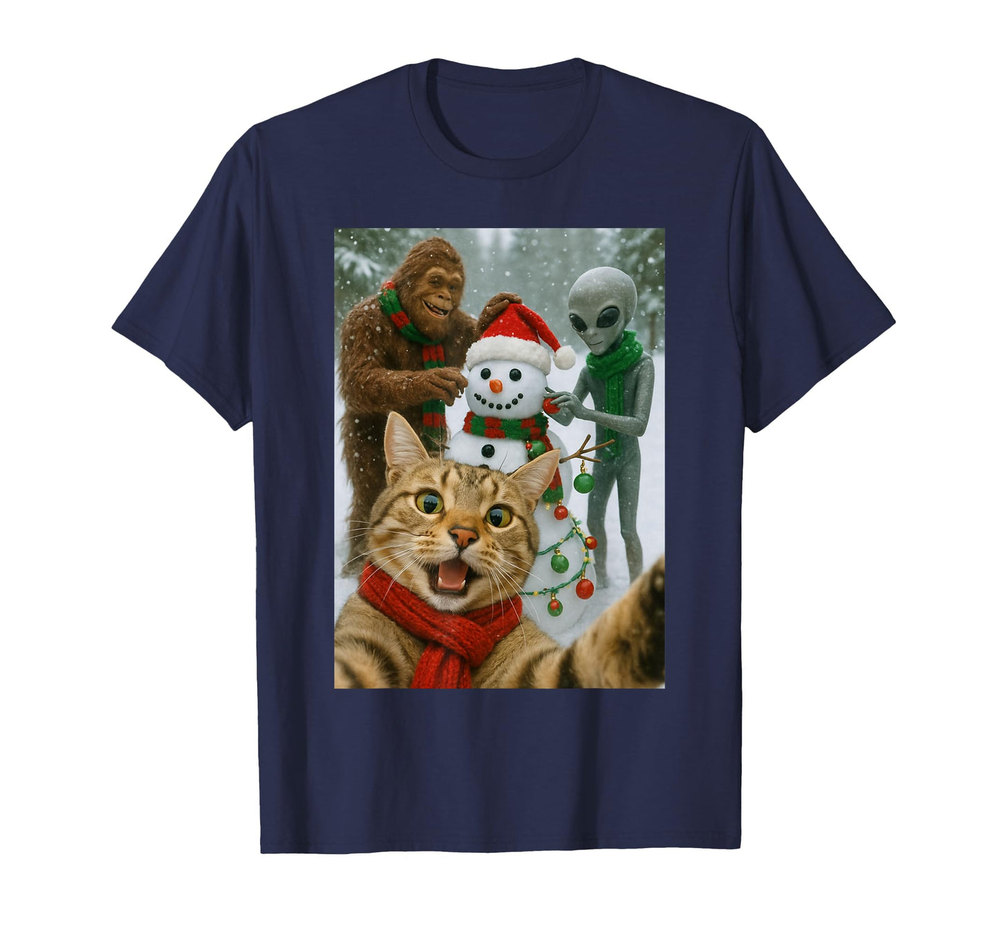Funny Christmas Cat Selfie with Bigfoot Alien & Snowman T-Shirt