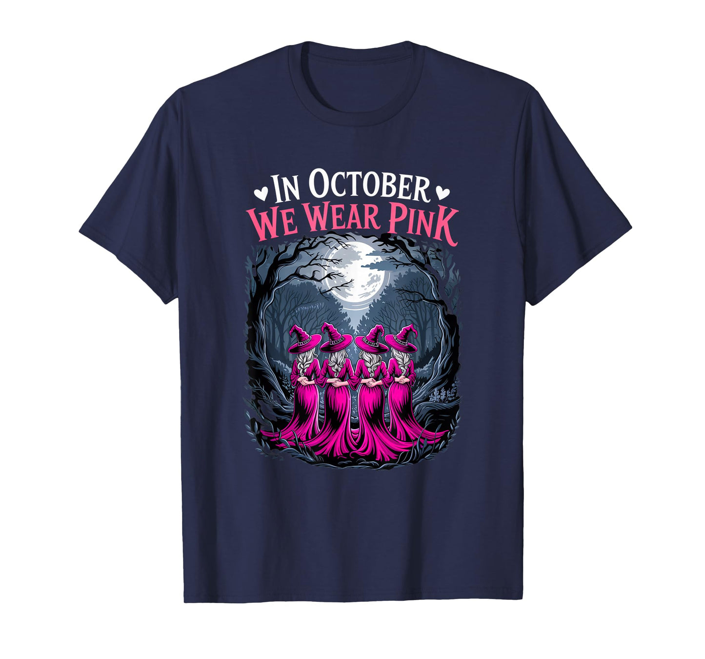 in October We Wear Pink Retro Witch Breast Cancer Awareness T-Shirt