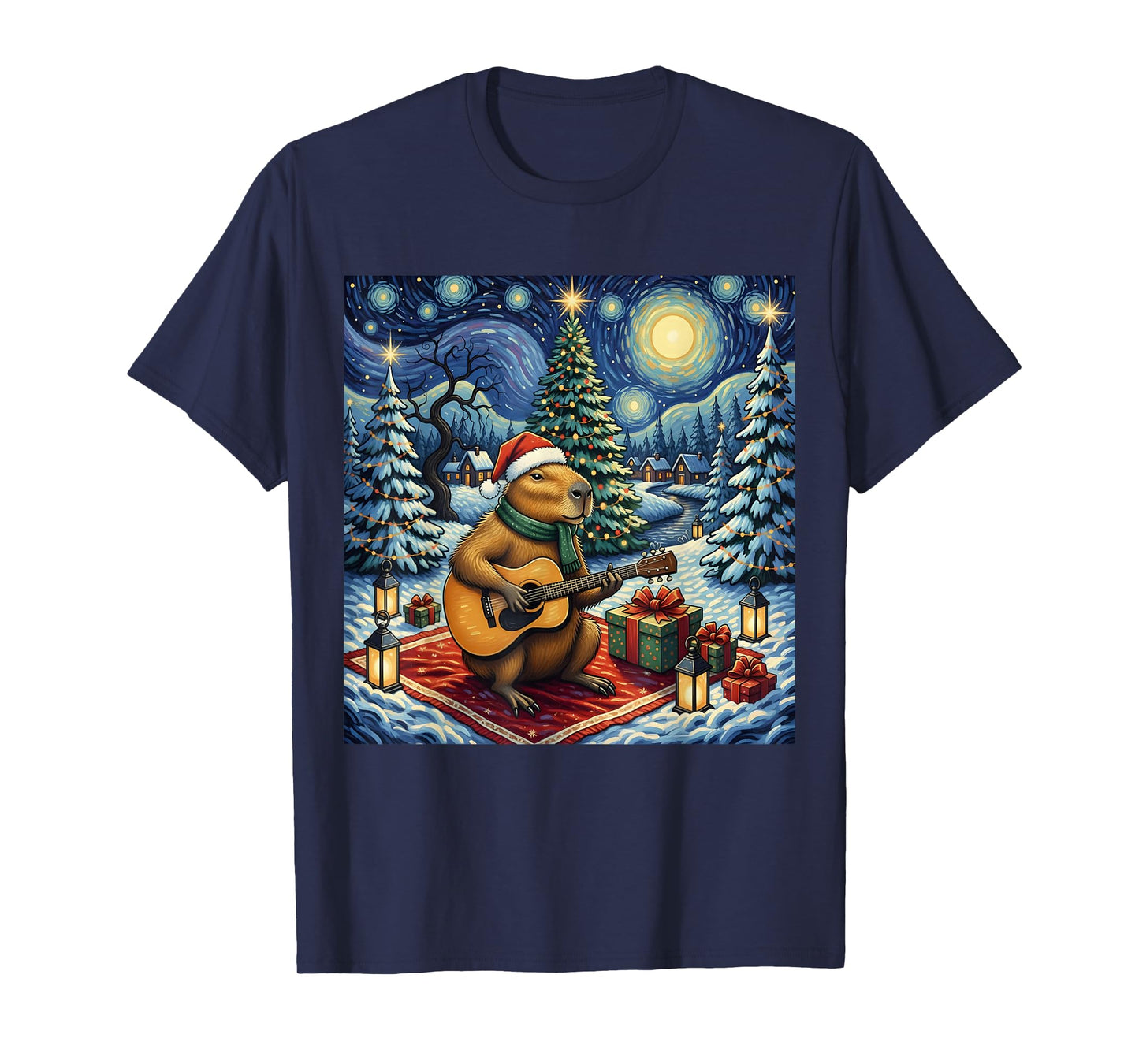 Capybara Playing The Guitar Van Gogh Style Christmas Themed T-Shirt