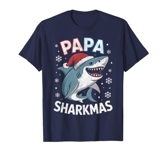 Papa Sharkmas Funny Shark Santa Hat Ugly Christmas Sweater T-Shirt
