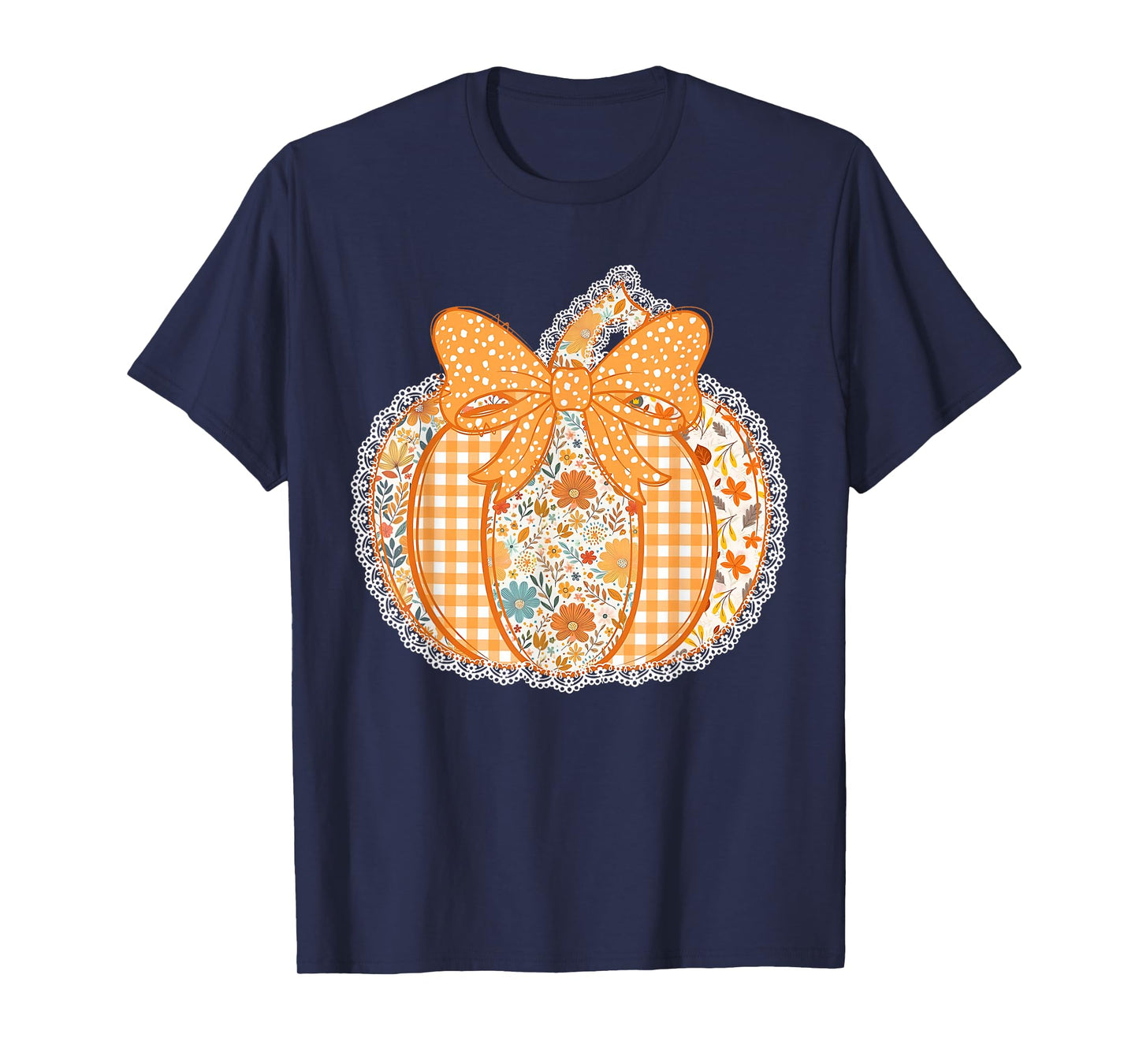 Vintage Patchwork Pumpkin Bow Women Girls Autumn Fall Gift T-Shirt