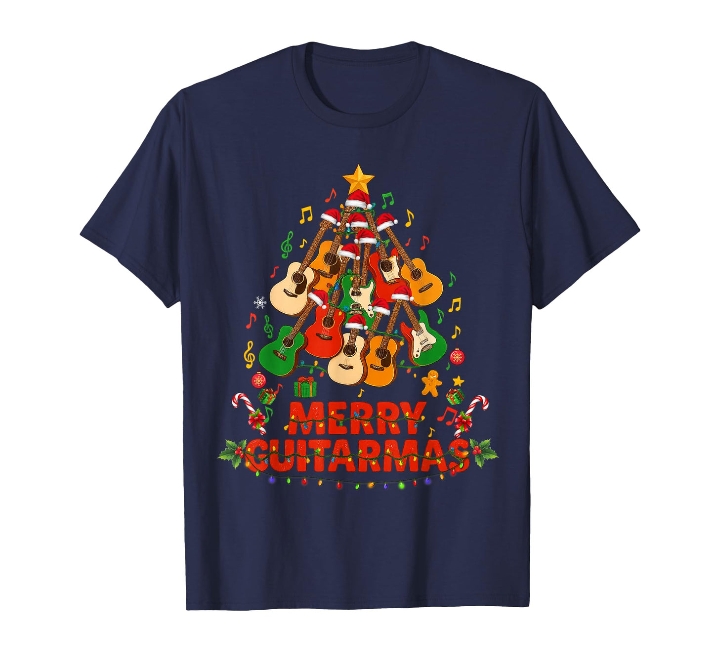Guitar Santa Hat Christmas Tree Funny Music Loves Xmas Gifts T-Shirt
