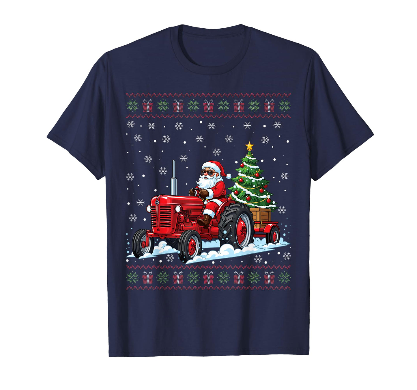 Santa Riding Tractor Merry Christmas Funny Ugly Christmas T-Shirt
