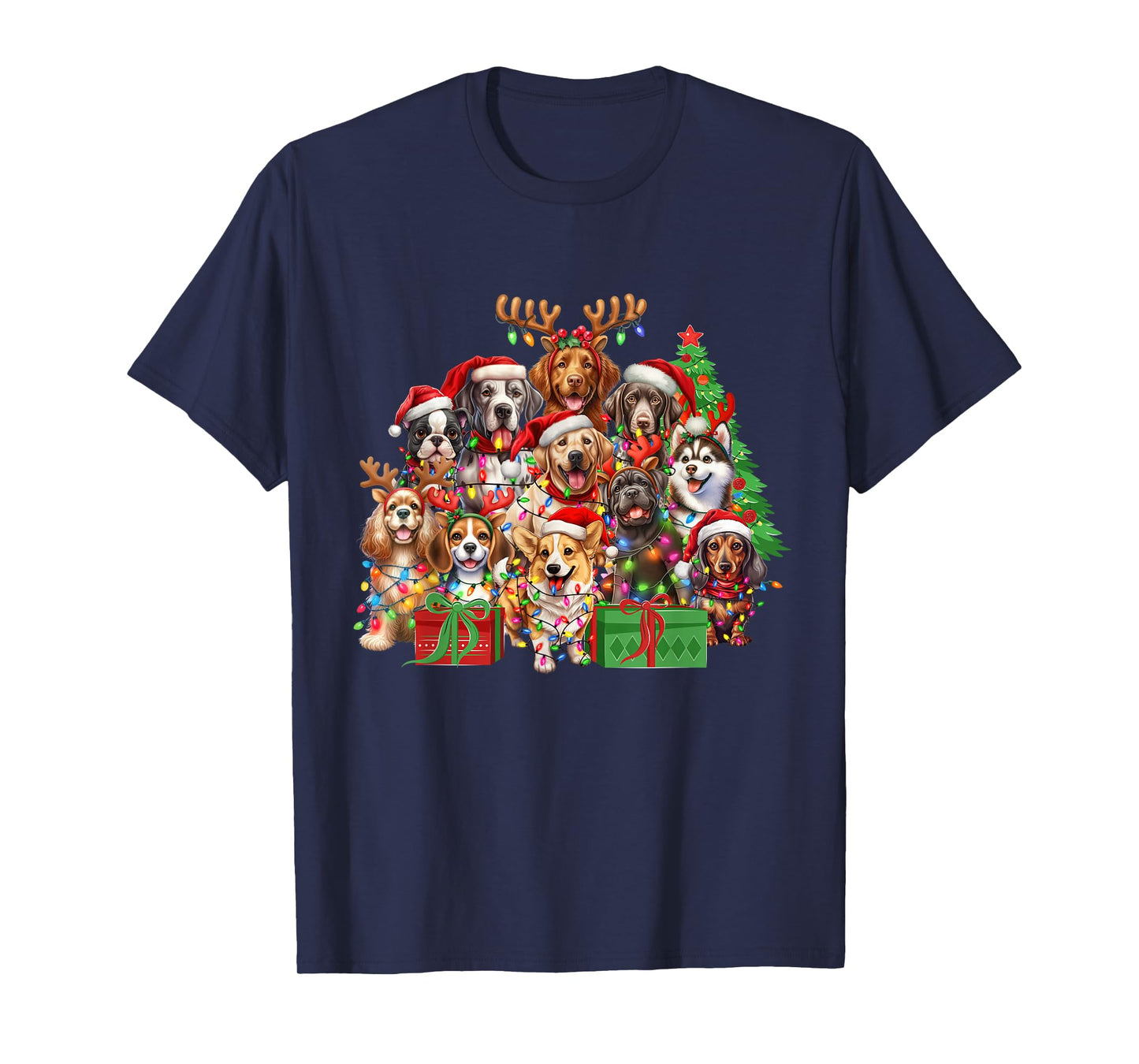 Christmas Dogs Festive Lights and Santa Hats T-Shirt
