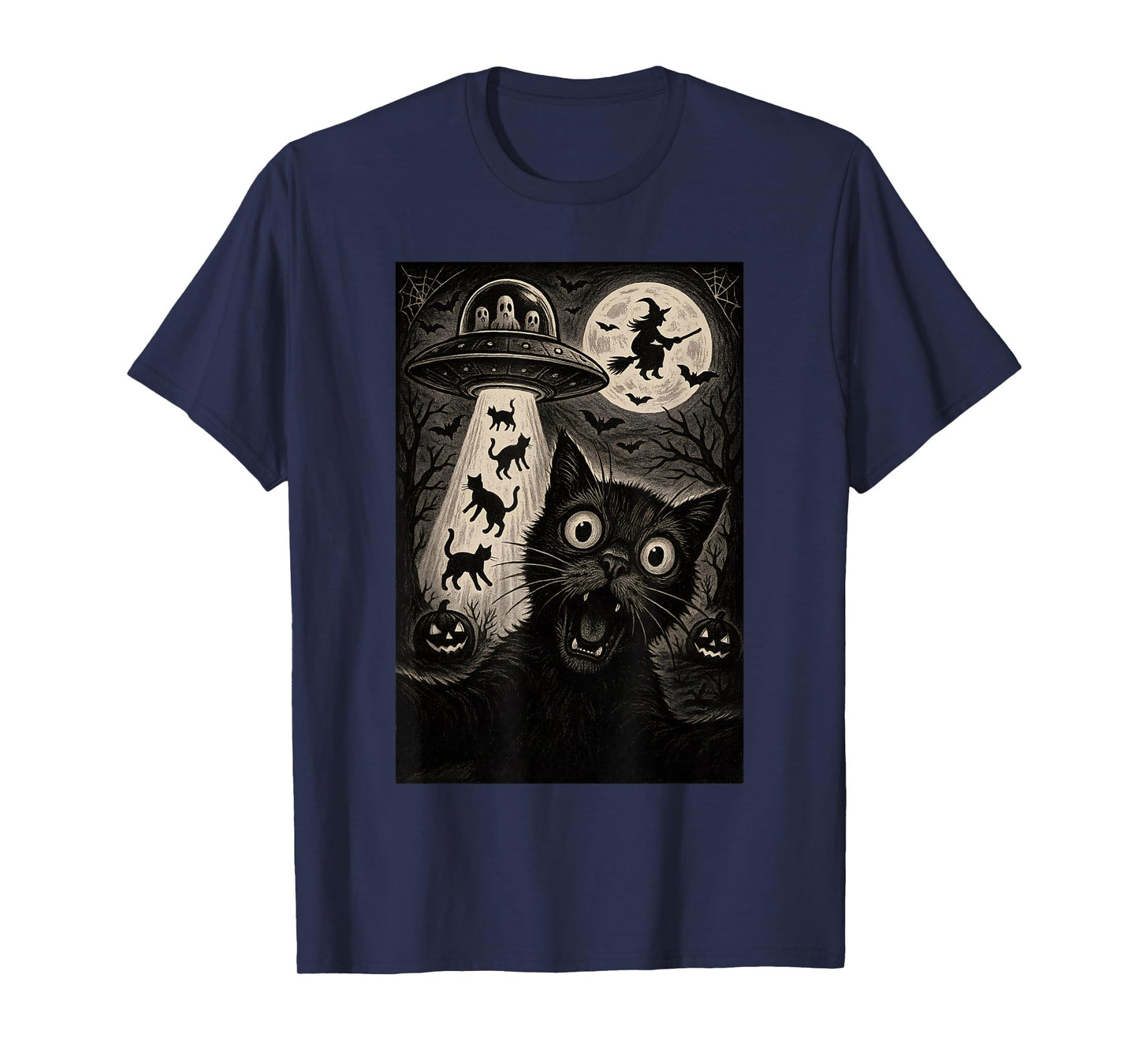 Halloween Cat Selfie Spooky Night Alien Abduction Cats UFO T-Shirt